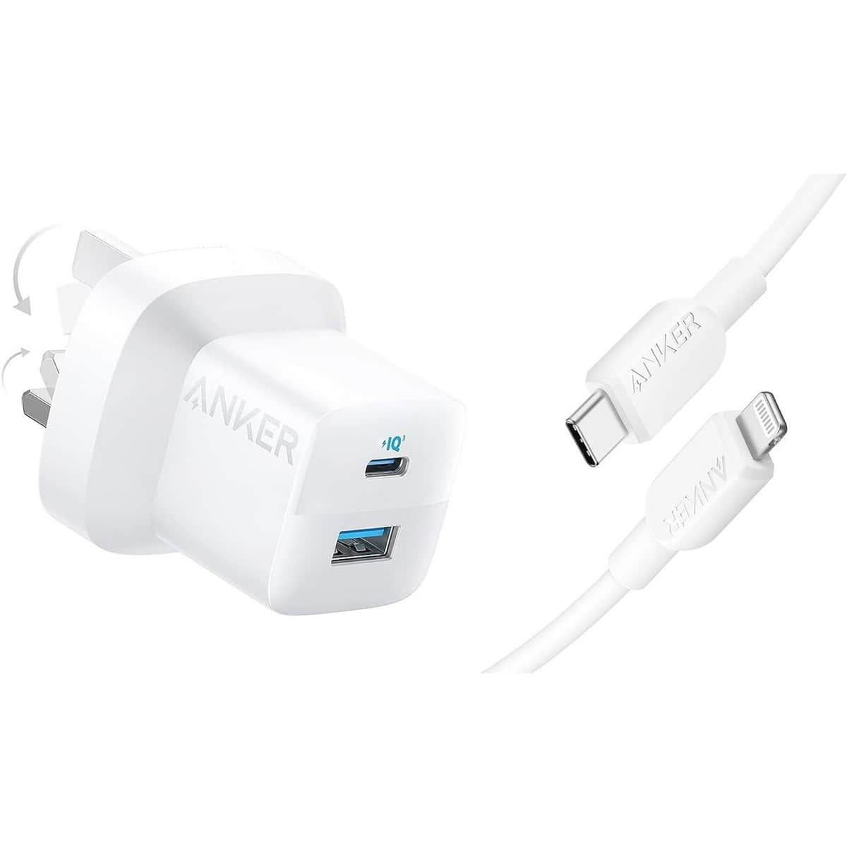 أنكر أبيض شاحن حائط 323 بقدرة 33 واط بمنفذي USB-C وUSB-A مع كابل USB-C إلى لايتنينج بطول 3 قدم