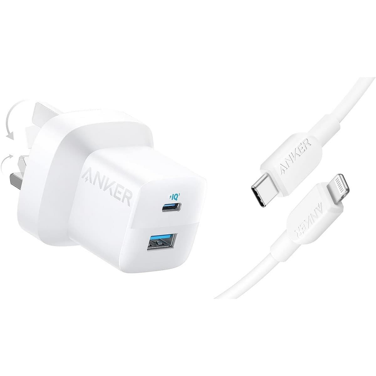 أنكر أبيض شاحن حائط 323 بقدرة 33 واط بمنفذي USB-C وUSB-A مع كابل USB-C إلى لايتنينج بطول 3 قدم
