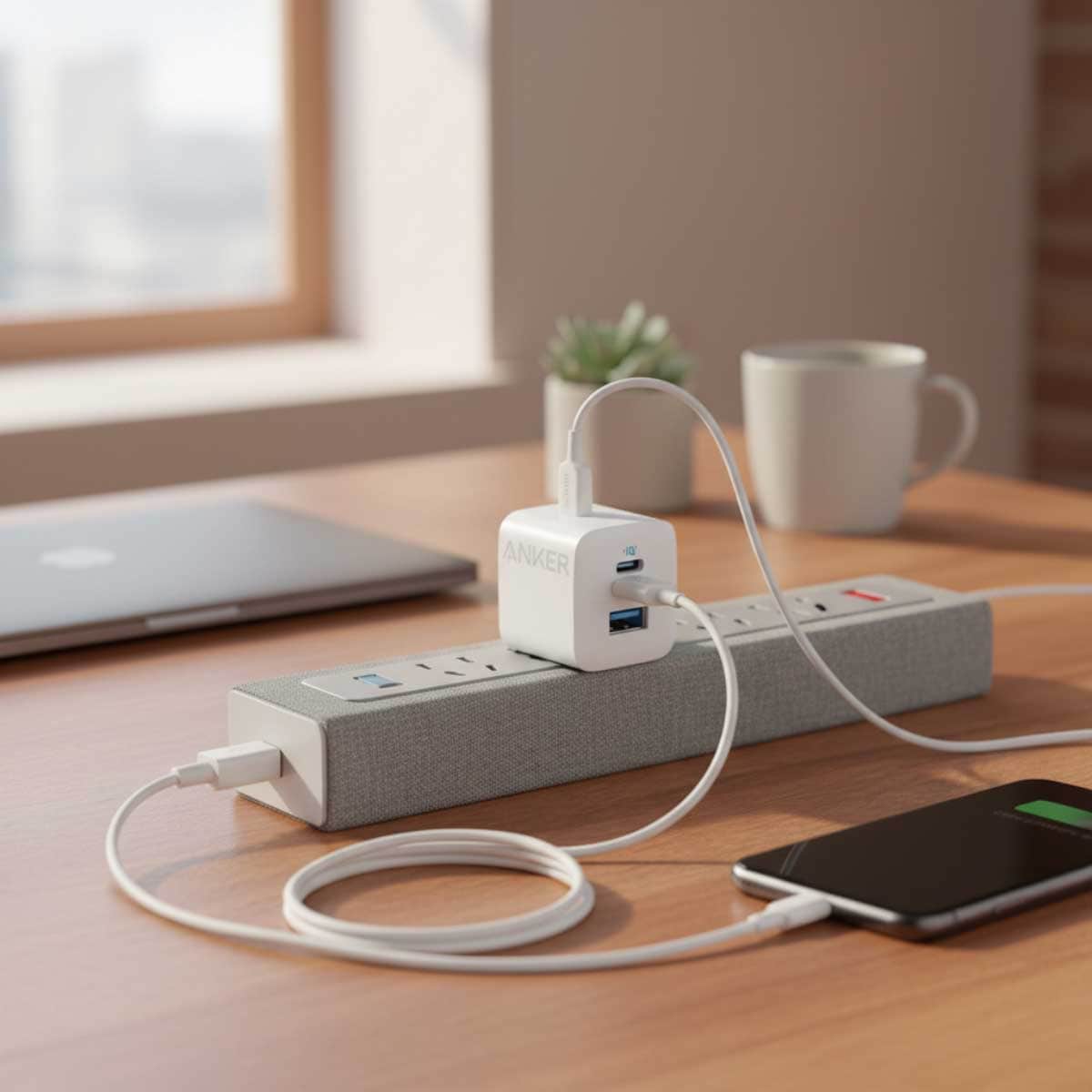 أنكر أبيض شاحن حائط 323 بقدرة 33 واط بمنفذي USB-C وUSB-A مع كابل USB-C إلى لايتنينج بطول 3 قدم