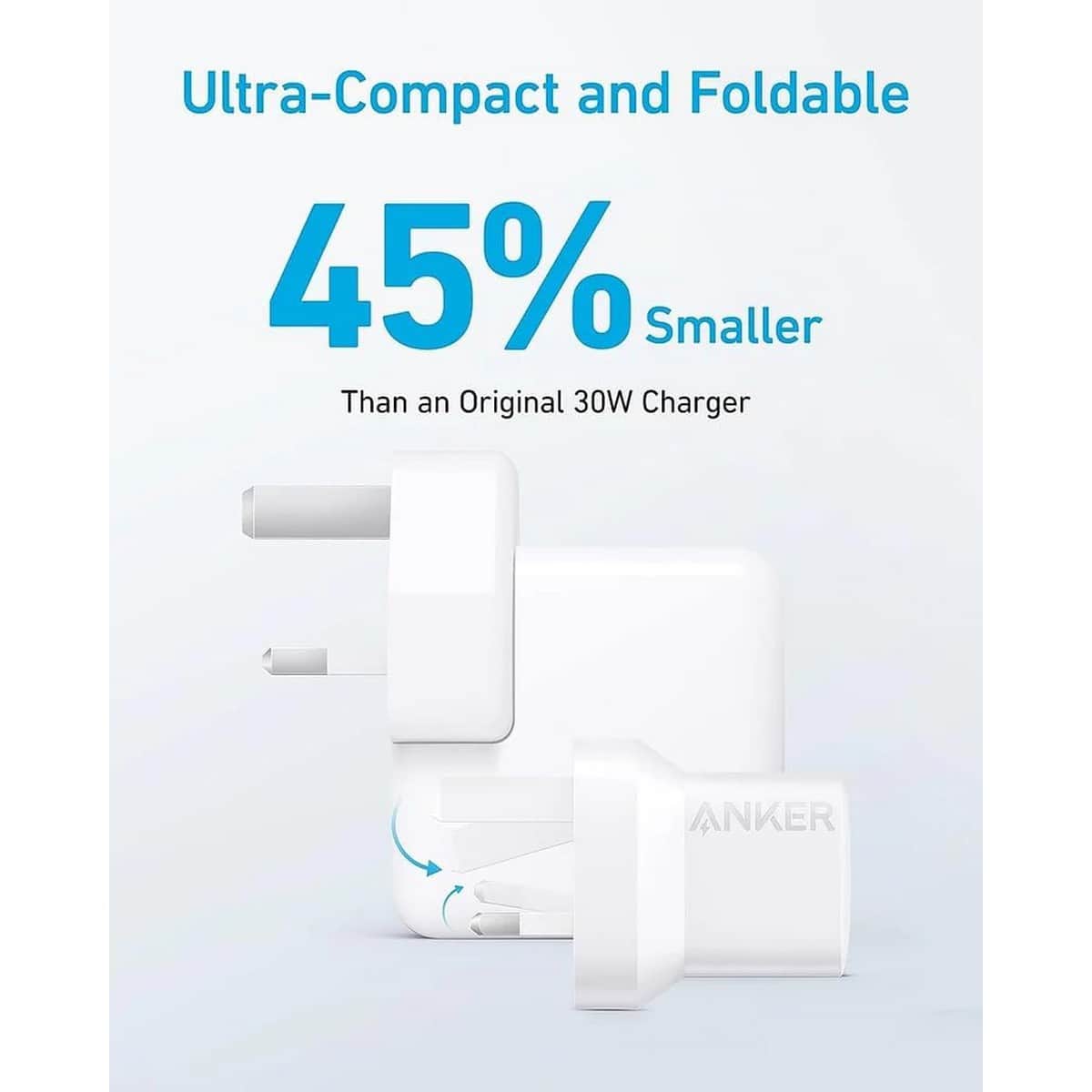 أنكر أبيض شاحن حائط 323 بقدرة 33 واط بمنفذي USB-C وUSB-A مع كابل USB-C إلى لايتنينج بطول 3 قدم