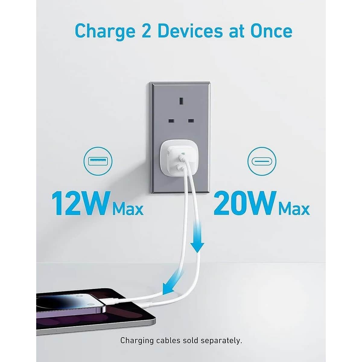 أنكر أبيض شاحن حائط 323 بقدرة 33 واط بمنفذي USB-C وUSB-A مع كابل USB-C إلى لايتنينج بطول 3 قدم