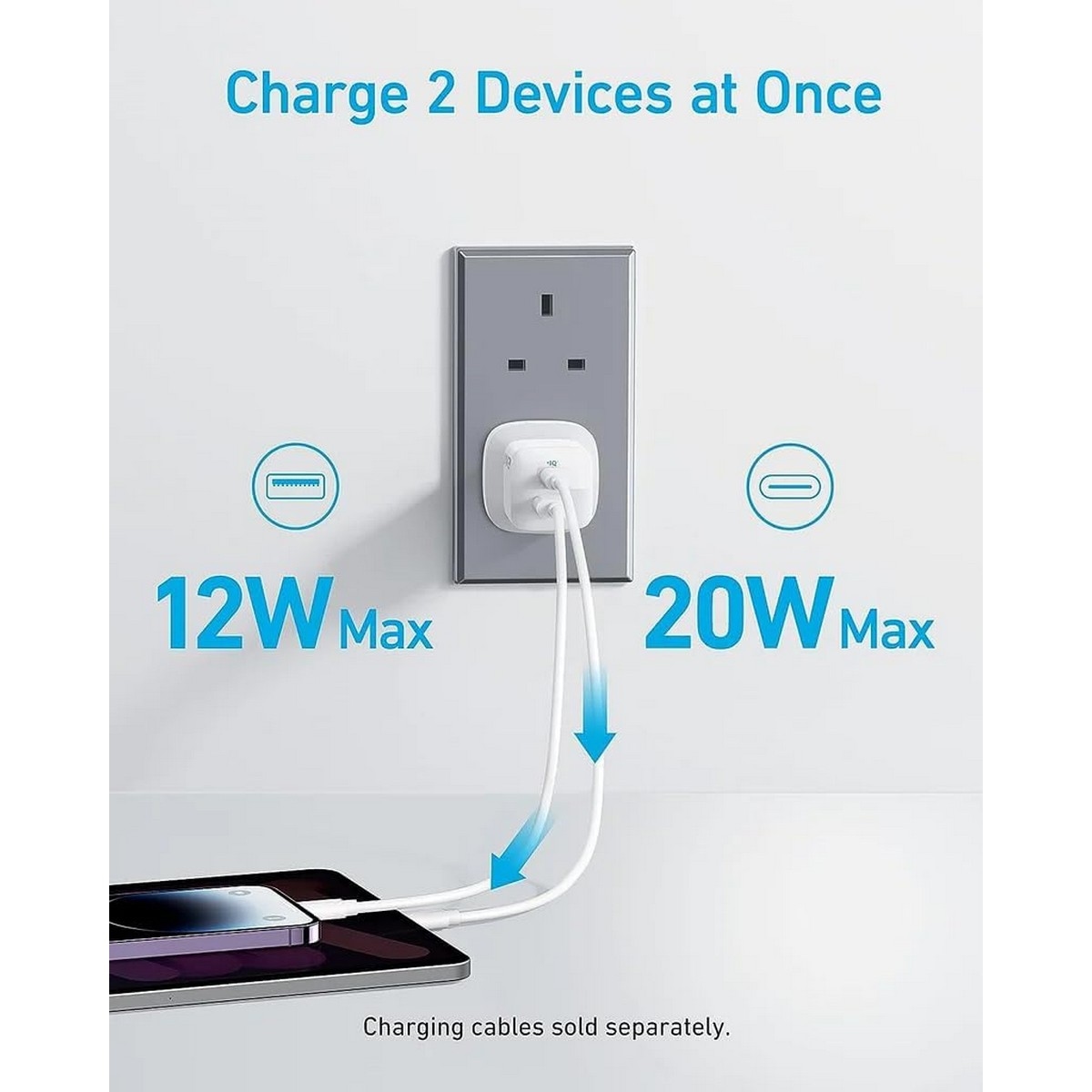 أنكر أبيض شاحن حائط 323 بقدرة 33 واط بمنفذي USB-C وUSB-A مع كابل USB-C إلى لايتنينج بطول 3 قدم