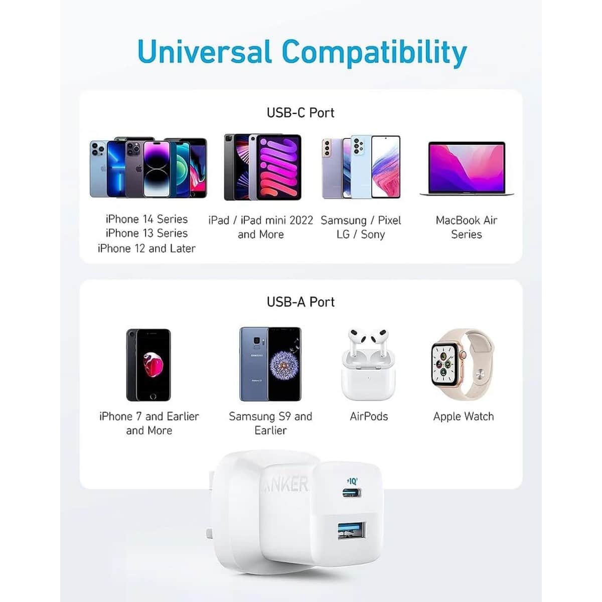 أنكر أبيض شاحن حائط 323 بقدرة 33 واط بمنفذي USB-C وUSB-A مع كابل USB-C إلى لايتنينج بطول 3 قدم