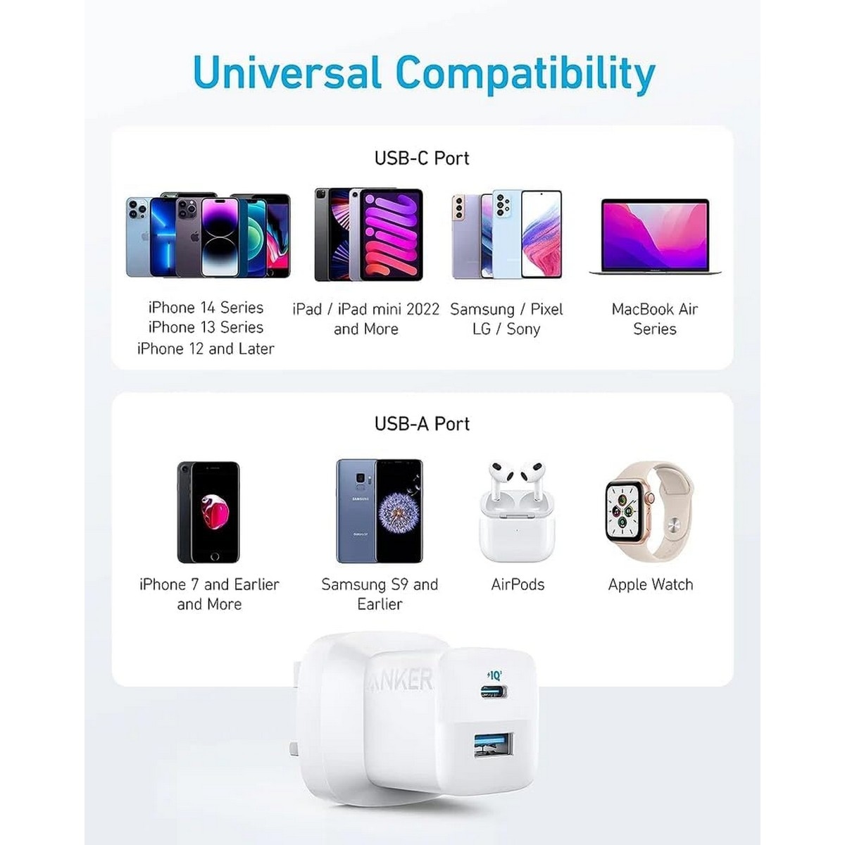 أنكر أبيض شاحن حائط 323 بقدرة 33 واط بمنفذي USB-C وUSB-A مع كابل USB-C إلى لايتنينج بطول 3 قدم