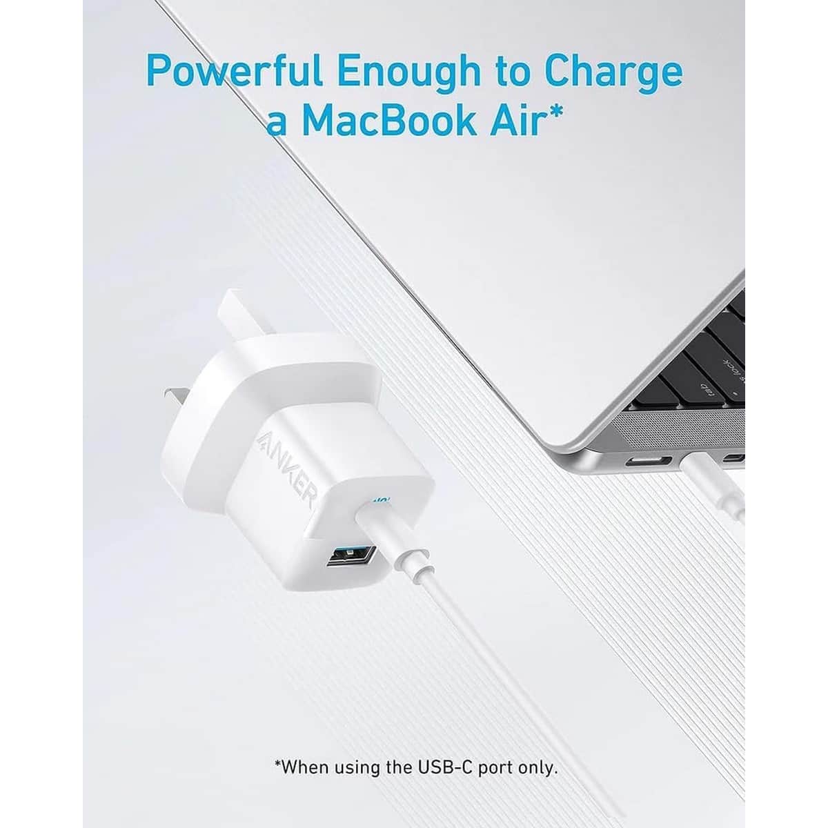 أنكر أبيض شاحن حائط 323 بقدرة 33 واط بمنفذي USB-C وUSB-A مع كابل USB-C إلى لايتنينج بطول 3 قدم