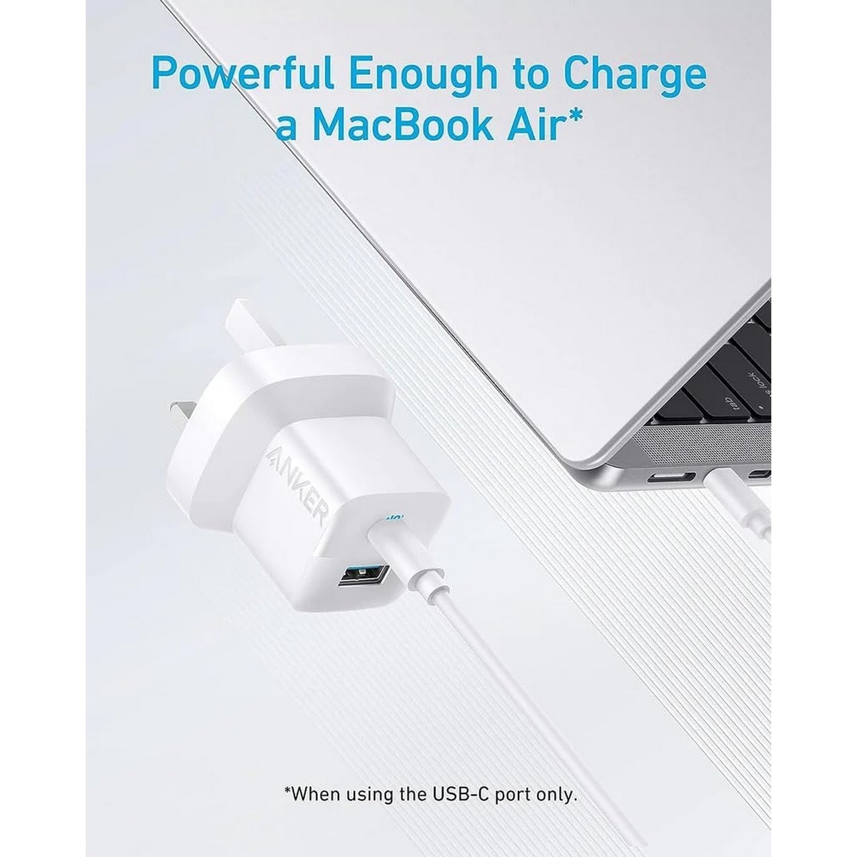 أنكر أبيض شاحن حائط 323 بقدرة 33 واط بمنفذي USB-C وUSB-A مع كابل USB-C إلى لايتنينج بطول 3 قدم