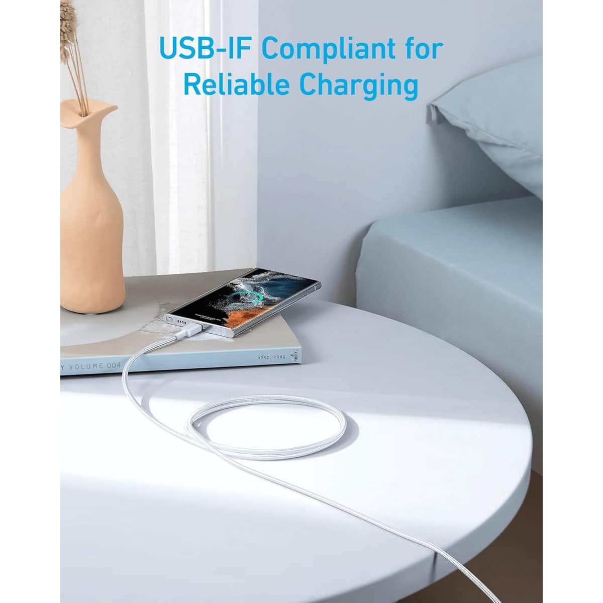 أنكر أبيض كابل 322 مجدول USB-C إلى USB-C بطول 3 قدم