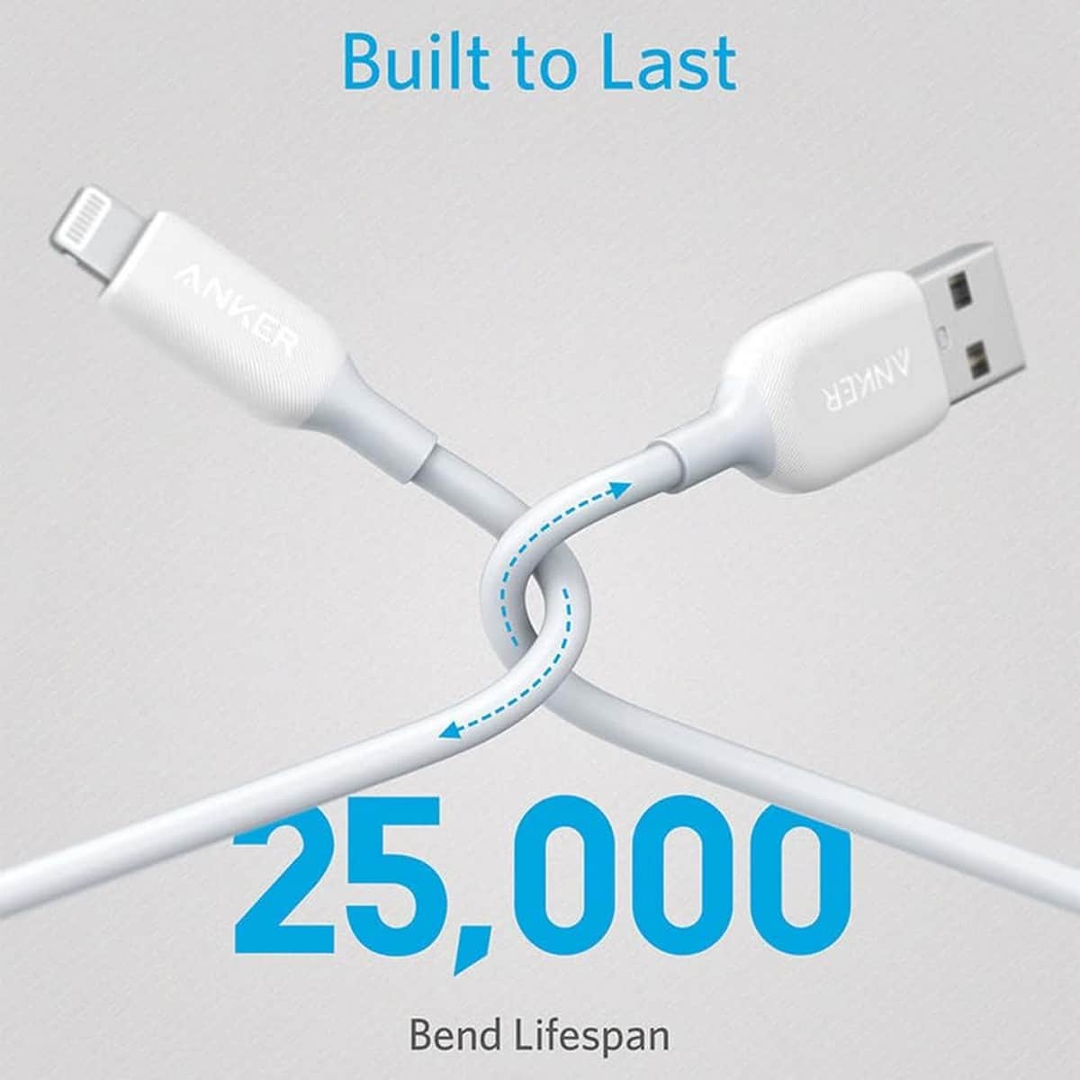 أنكر أبيض كابل PowerLine II USB-A إلى لايتنينج بعمر استخدام +25000 بطول 3 قدم