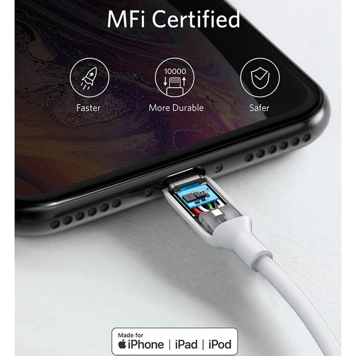 أنكر أبيض كابل PowerLine II USB-A إلى لايتنينج بعمر استخدام +25000 بطول 3 قدم