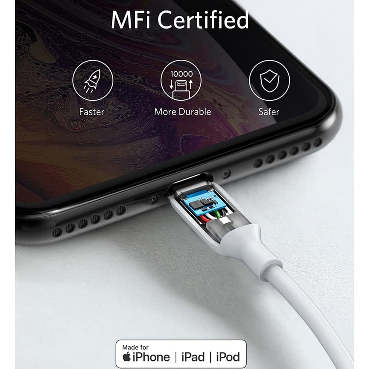 أنكر أبيض كابل PowerLine II USB-A إلى لايتنينج بعمر استخدام +25000 بطول 3 قدم