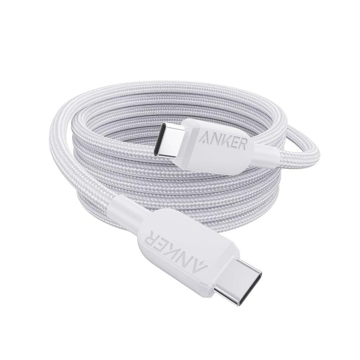أنكر أبيض كابل مجدول USB-C إلى USB-C بقدرة 240 واط بطول 6 قدم