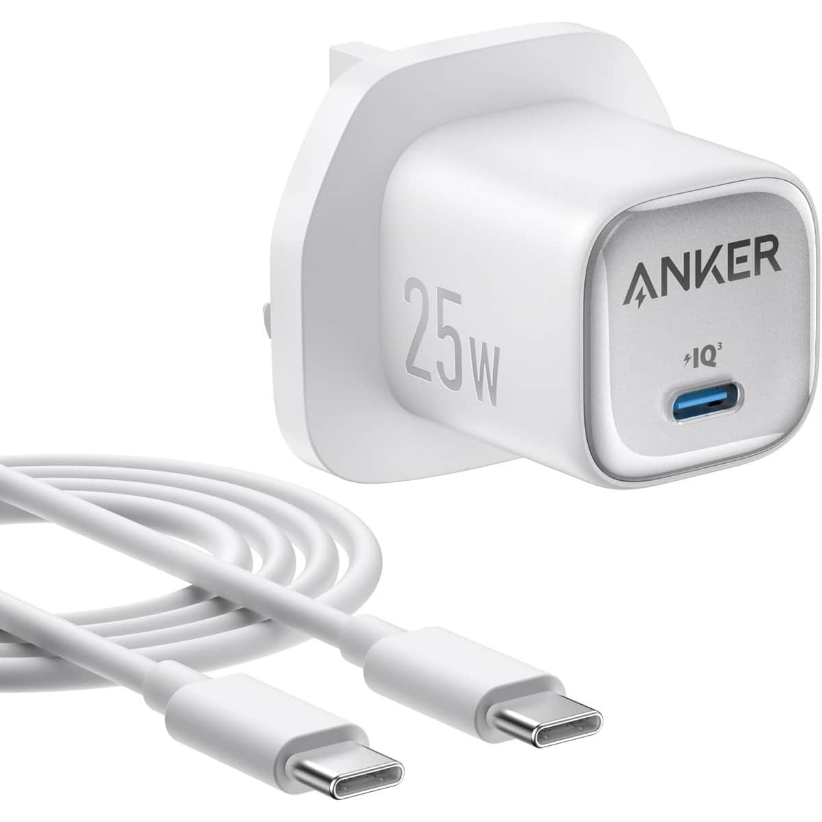 أنكر أبيض شاحن حائط USB-C مدمج بقدرة 25 واط مع مجموعة كابل USB-C
