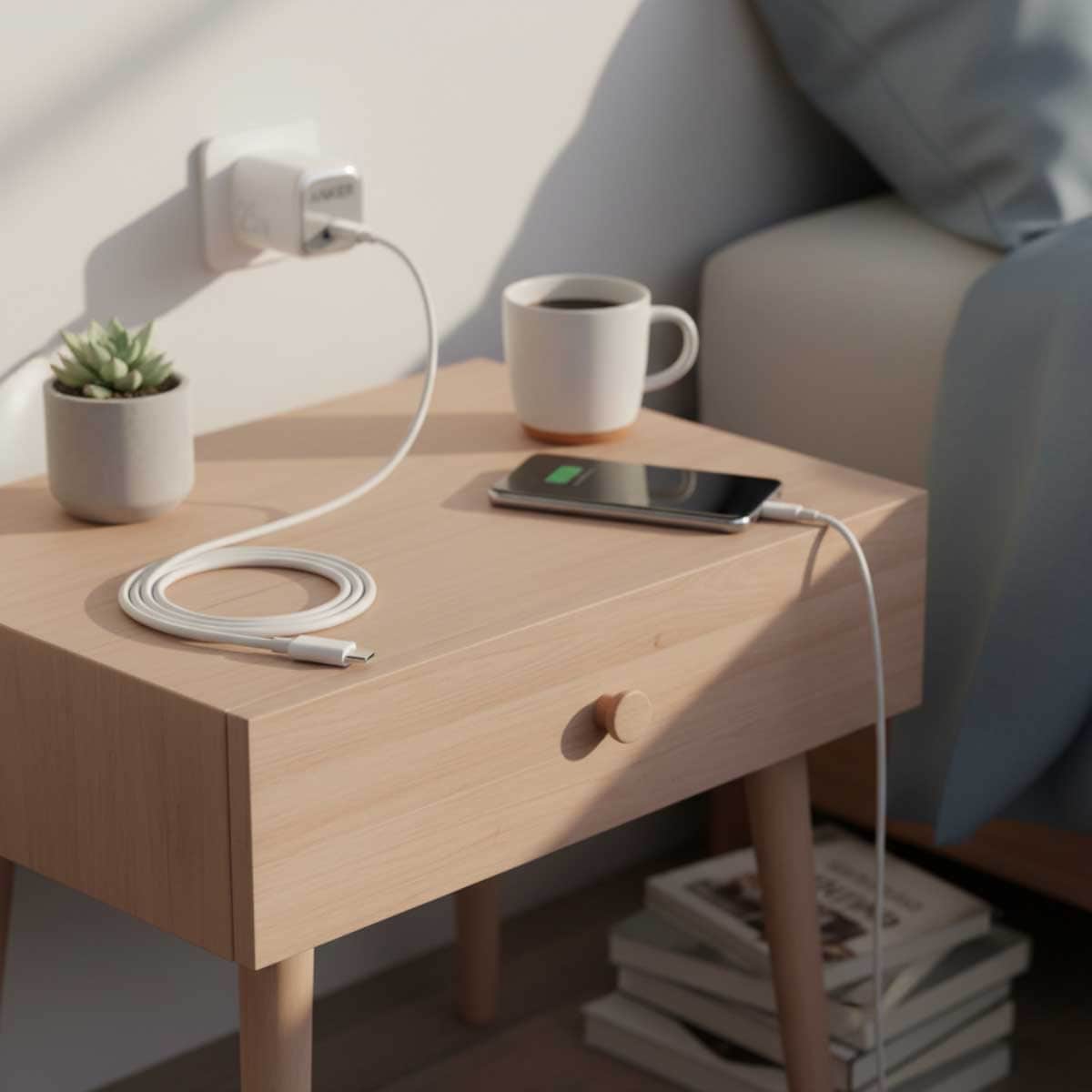 أنكر أبيض شاحن حائط USB-C مدمج بقدرة 25 واط مع مجموعة كابل USB-C