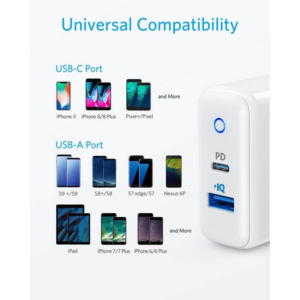 أنكر أبيض شاحن حائط PowerPort PD+ بقدرة 35 واط بمنفذي USB-C وUSB-A