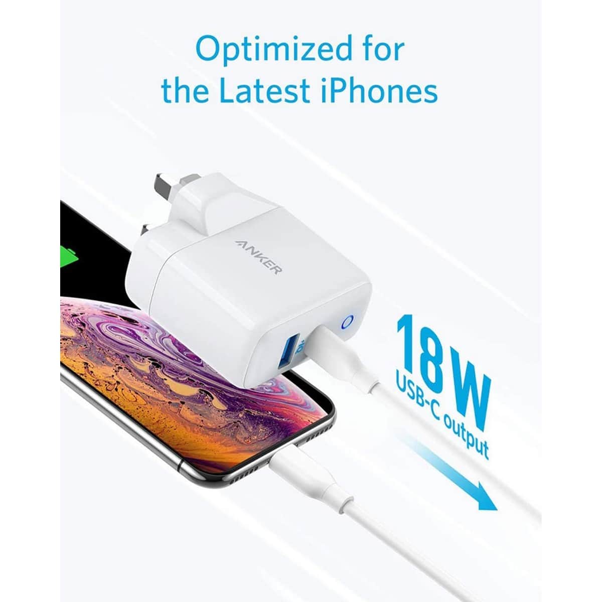 أنكر أبيض شاحن حائط PowerPort PD+ بقدرة 35 واط بمنفذي USB-C وUSB-A