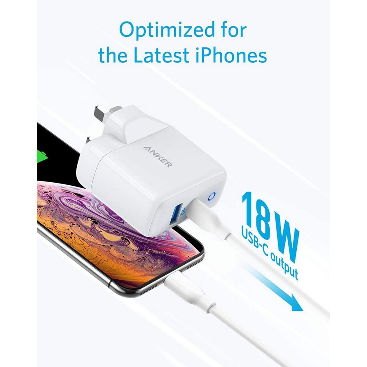 أنكر أبيض شاحن حائط PowerPort PD+ بقدرة 35 واط بمنفذي USB-C وUSB-A