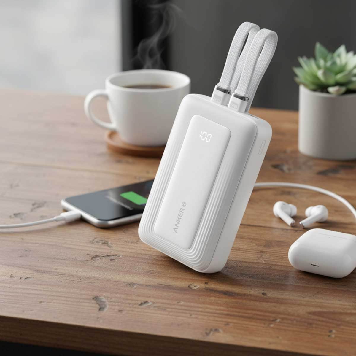 أنكر أبيض باور بانك Zolo بسعة 10000mAh وقدرة 35 واط مع كابلي USB-C مدمجين