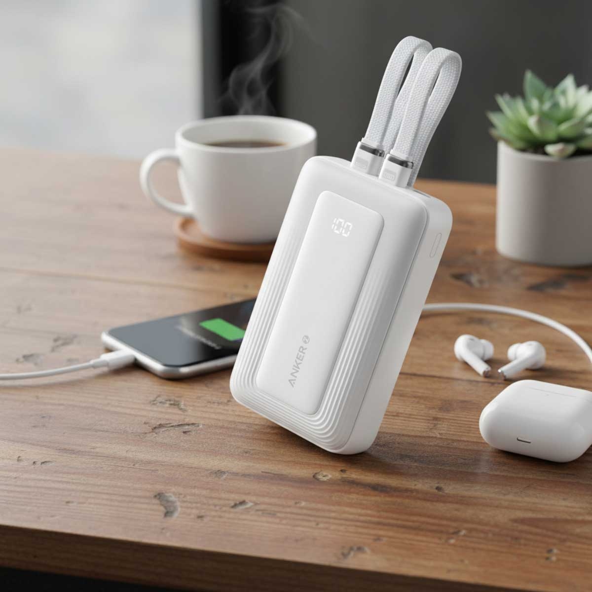 أنكر أبيض باور بانك Zolo بسعة 10000mAh وقدرة 35 واط مع كابلي USB-C مدمجين