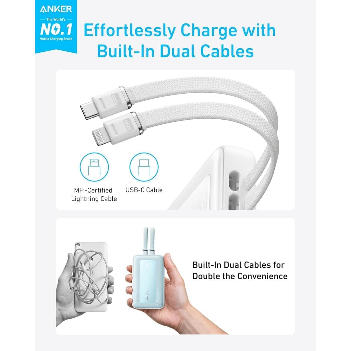 أنكر أبيض باور بانك Zolo بسعة 10000mAh وقدرة 35 واط مع كابلي USB-C مدمجين