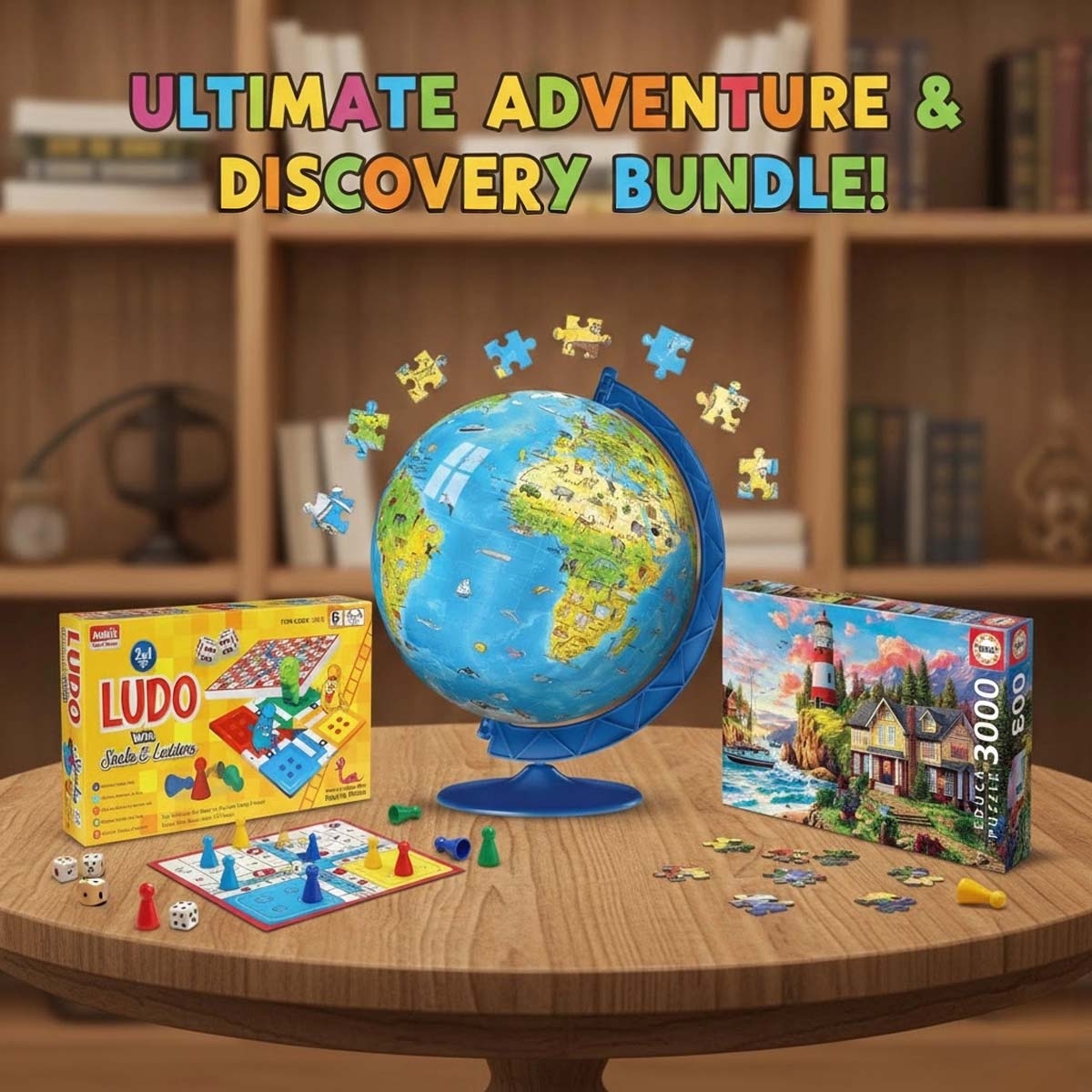 Ankit Toys 2-in-1 Ludo + Ravensburger 3D Globe & Educa Lighthouse Puzzle Bundle Unisex, 13+ Years
