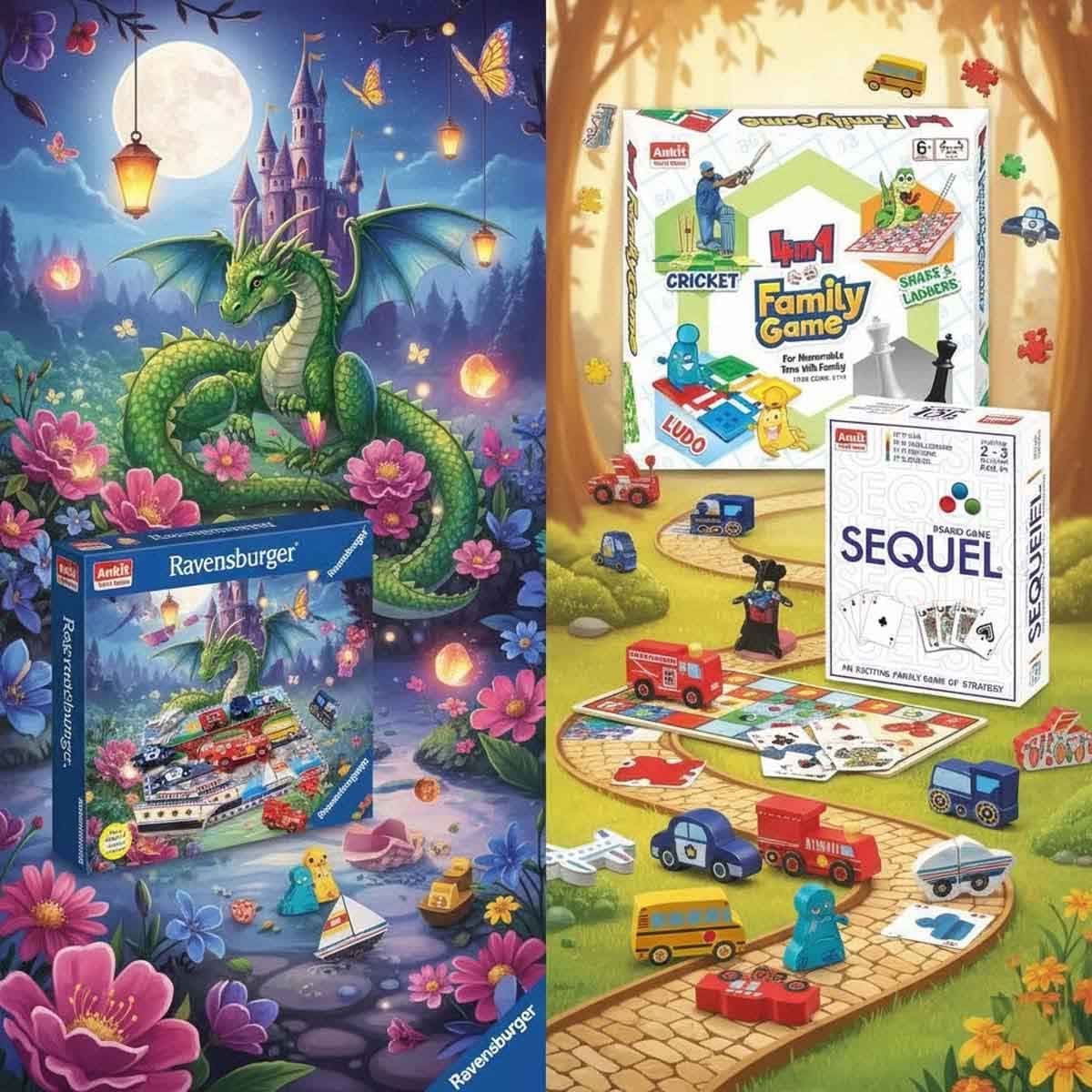 Ankit Toys Family & Sequel Board Game + Ravensburger Dragon Forest with Melissa & Doug Puzzle Bundle Unisex, 8-10 Years