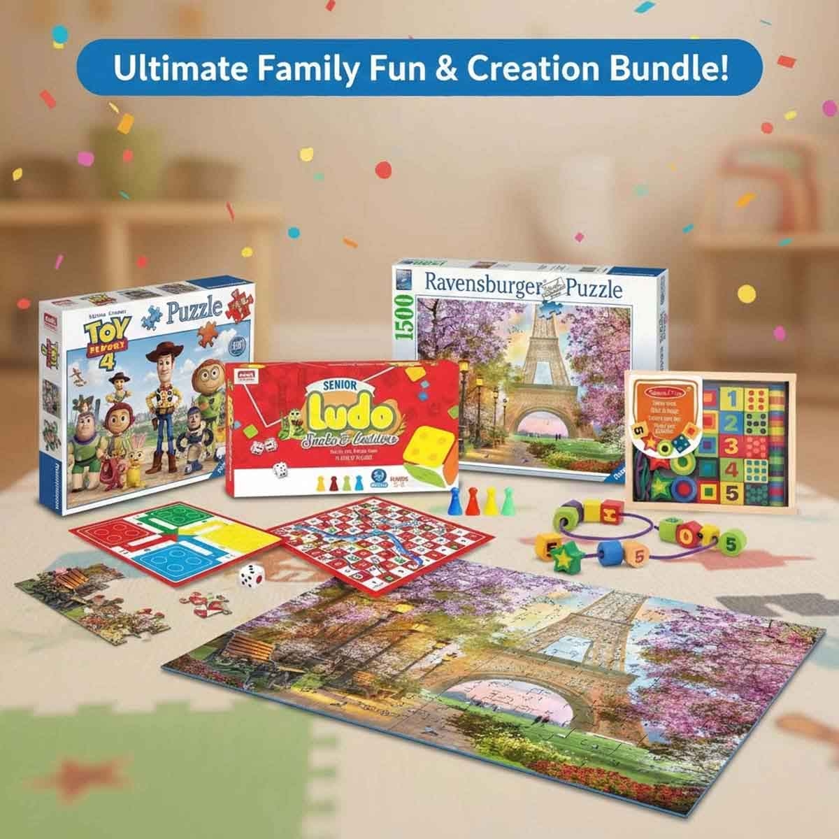 Ankit Toys Ludo Snake & Ladders + Ravensburger Puzzle with Melissa & Doug Lacing Beads Bundle Unisex, 13+ Years