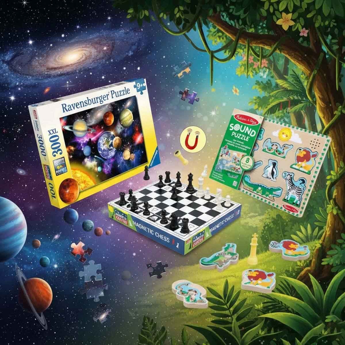 Ankit Toys Magnetic Chess with Ravensburger Solar System & Melissa & Doug Puzzle Bundle Unisex, 8-10 Years