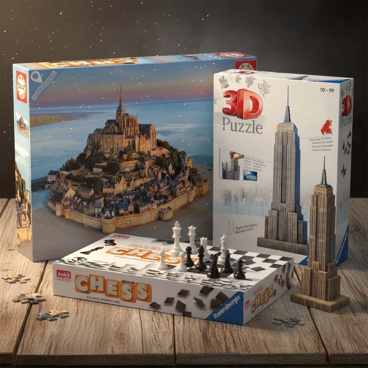 Ankit Toys Medium Chess + Ravensburger 3D Empire State Building & Educa Puzzle Bundle Unisex, 13+ Years