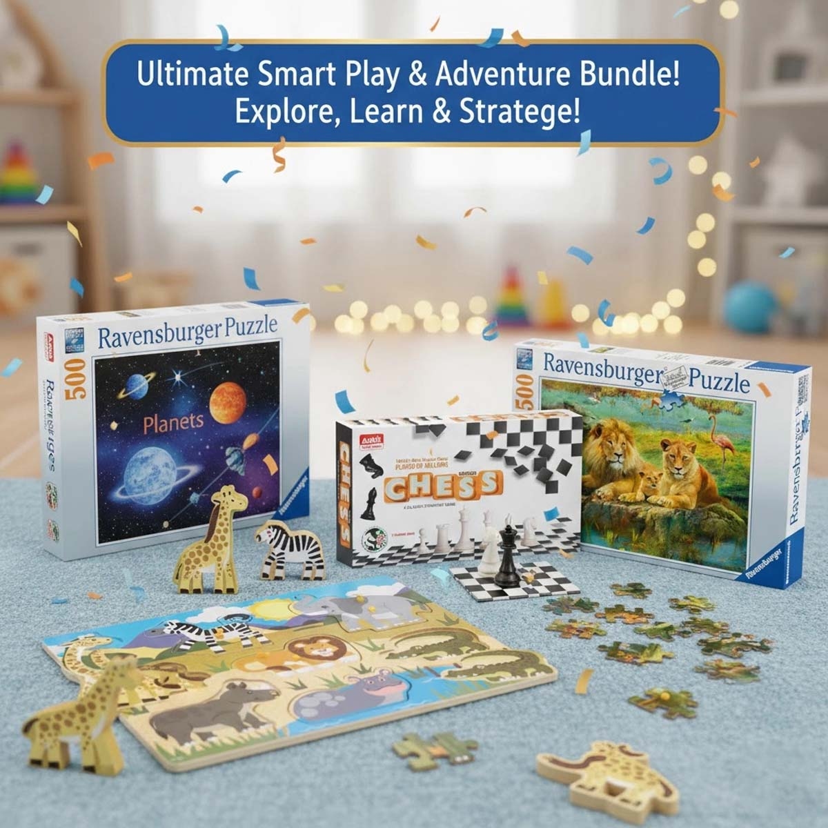 Ankit Toys Senior Chess + Ravensburger Puzzle with Melissa & Doug Safari Peg Puzzle Bundle Unisex, 13+ Years