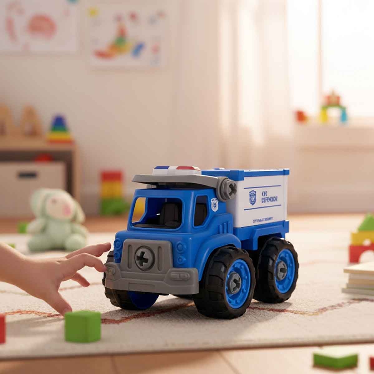 لي منغ تويز شاحنة شرطة من مكعبات تركيب صغيرة للجنسين، من عمر 3-4 سنوات
