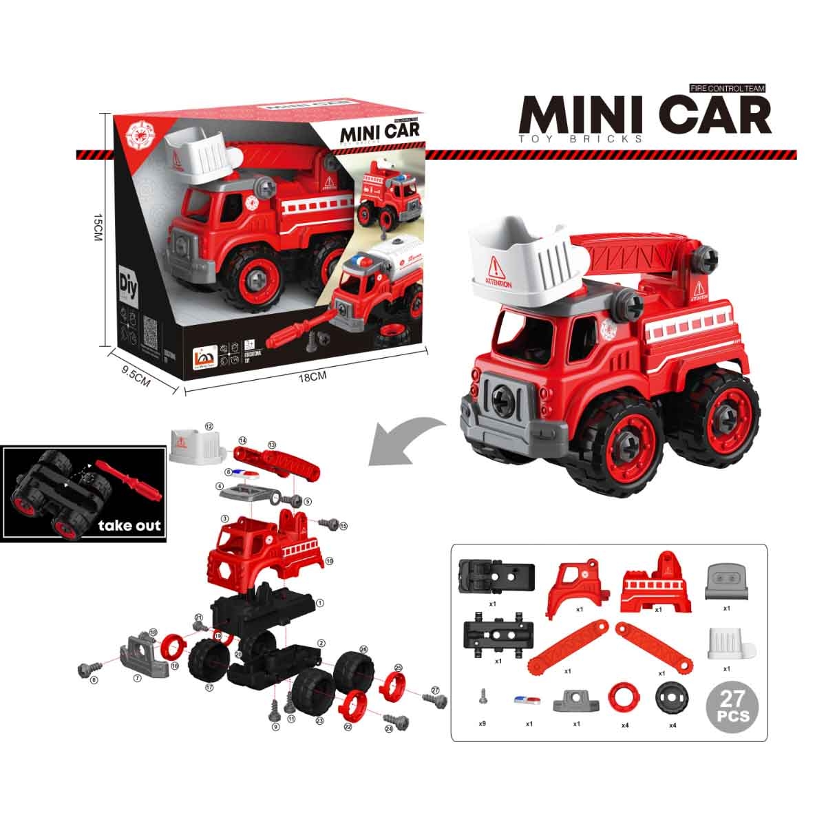 Lei Meng Toys Mini Car DIY Toy Bricks Fire Ladder Truck Unisex, 3-4 Years