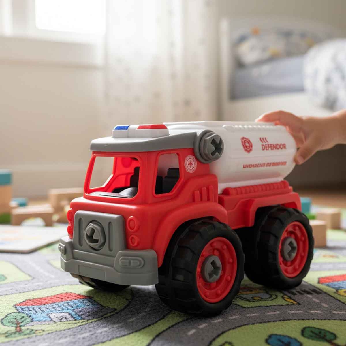 لي منغ تويز سيارة إطفاء من مكعبات تركيب صغيرة للجنسين، من عمر 3-4 سنوات