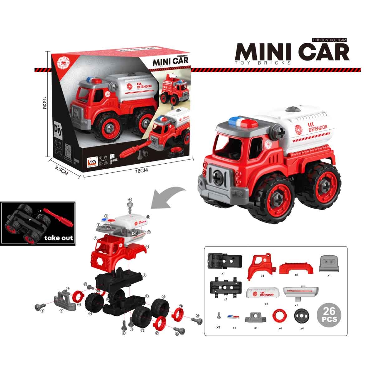 لي منغ تويز سيارة إطفاء من مكعبات تركيب صغيرة للجنسين، من عمر 3-4 سنوات