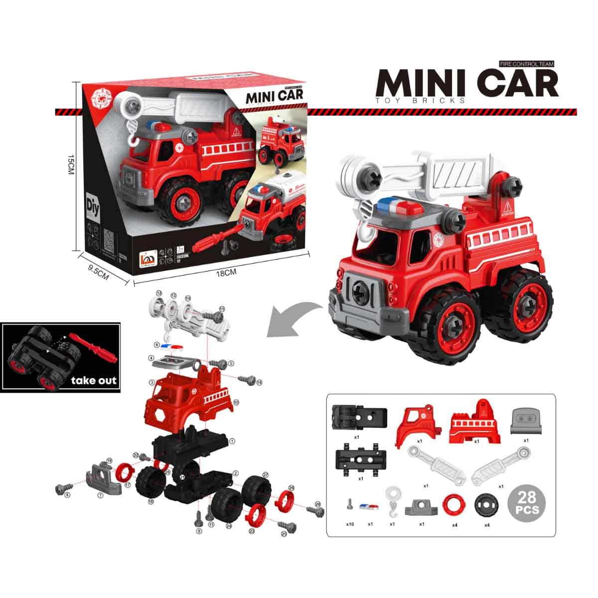 Lei Meng Toys Mini Car DIY Toy Bricks Fire Rescue Truck Unisex, 3-4 Years