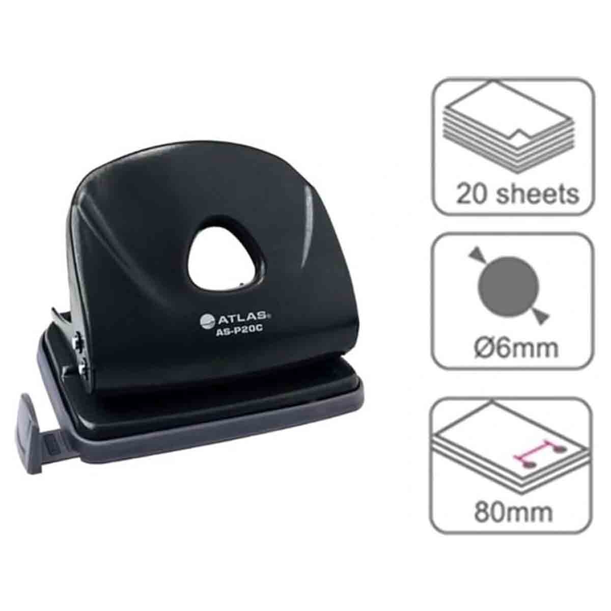 أطلس آلة تثقيب أوراق - أسود - 20 ورقة