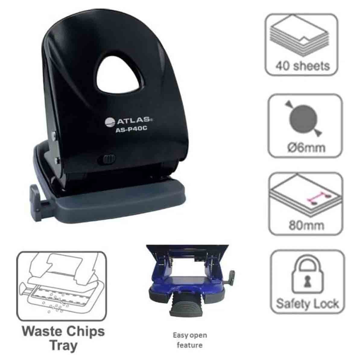 أطلس آلة تثقيب أوراق - أسود - 40 ورقة