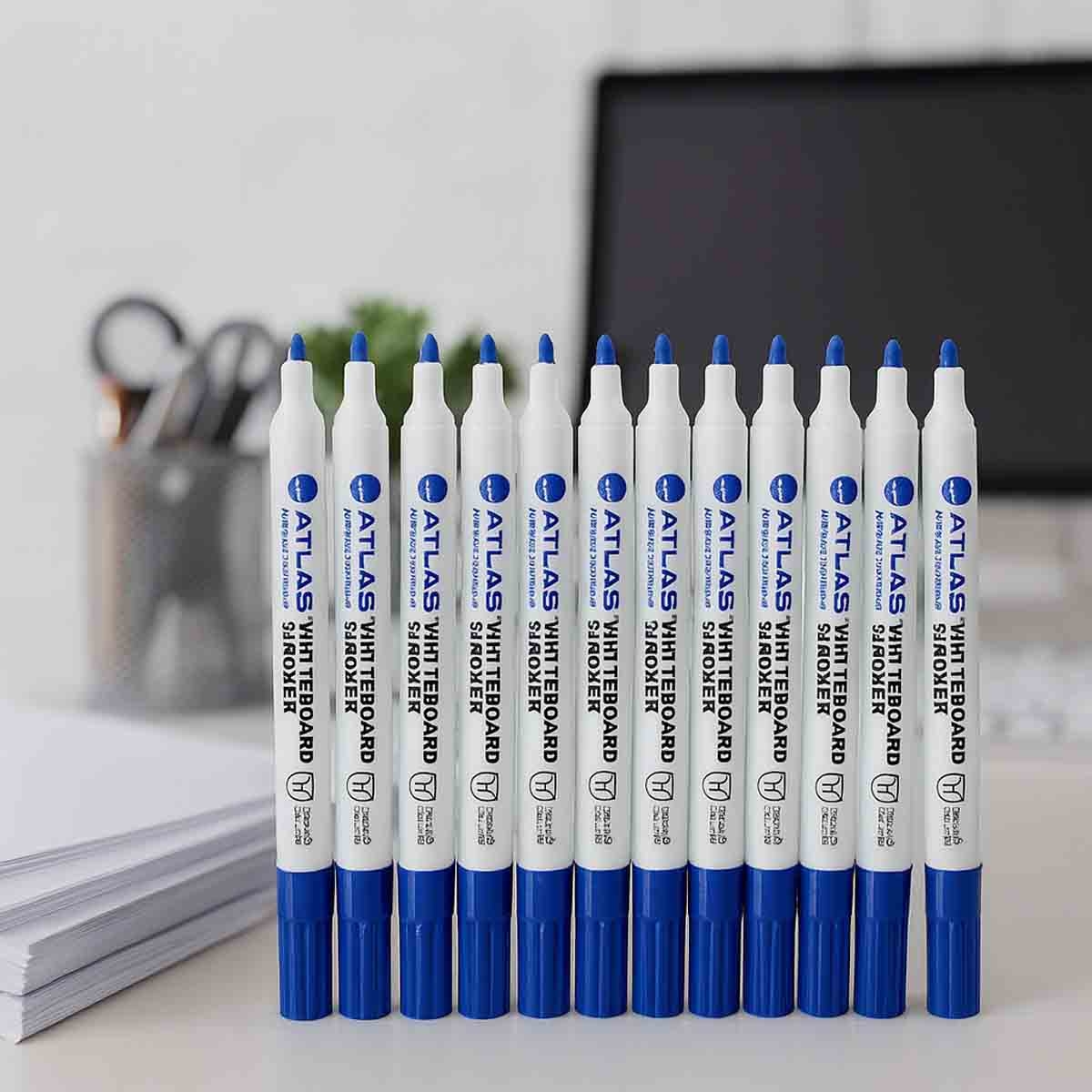أطلس قلم سبورة أزرق رأس دائري للجنسين، 13 سنة فما فوق، مجموعة من 12