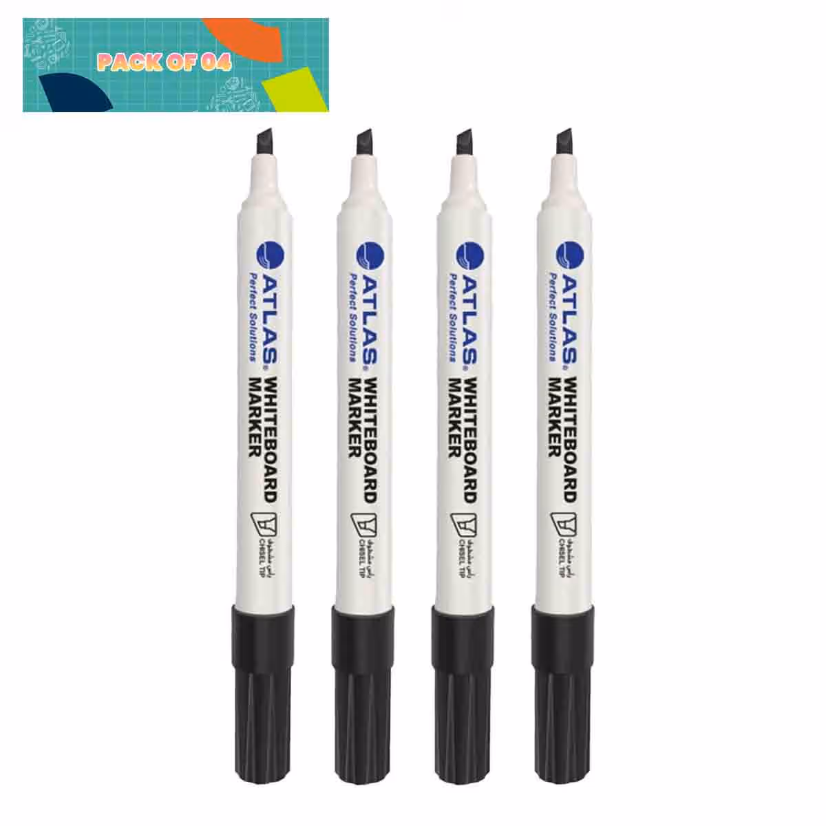 Atlas Whiteboard Chisel Black Marker, Pack of 4