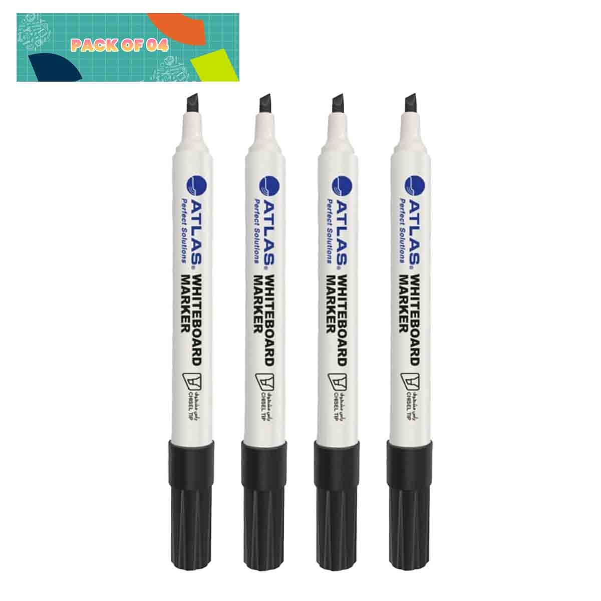 Atlas Whiteboard Chisel Black Marker, Pack of 4