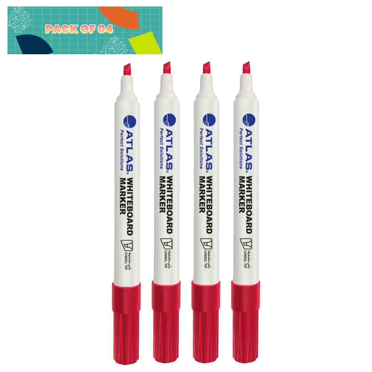 Atlas Whiteboard Chisel Red Marker, Pack of 4