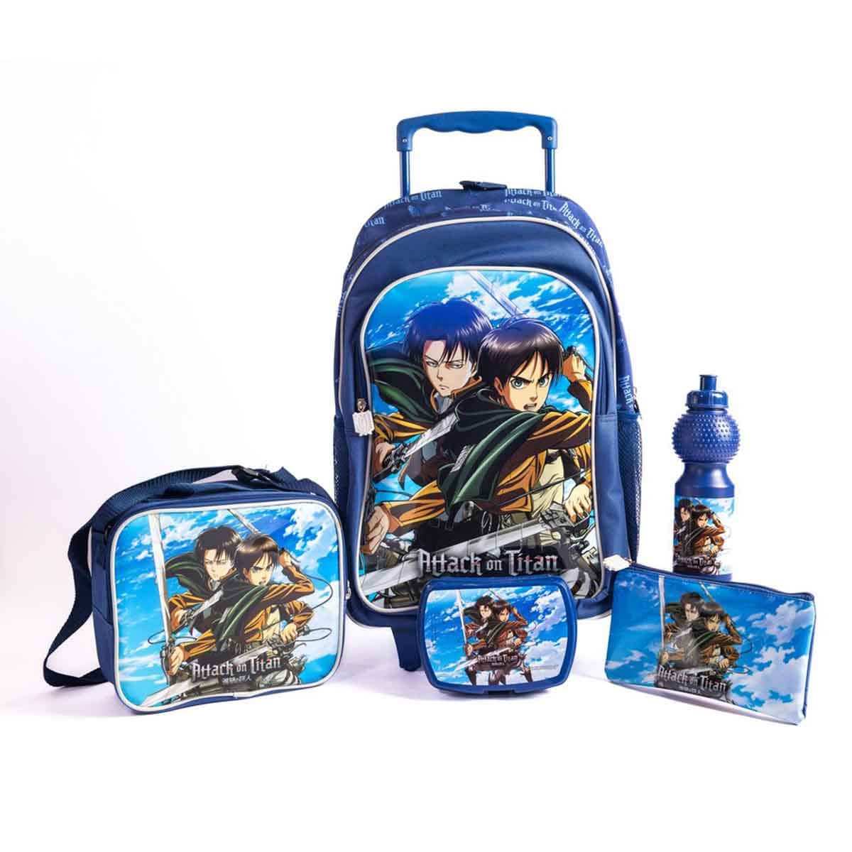 Attack On Titan 18" Trolley Bag Set with Lunch Bag, Pencil Case, Water Bottle & Lunch Box Boys, 5-7 Years