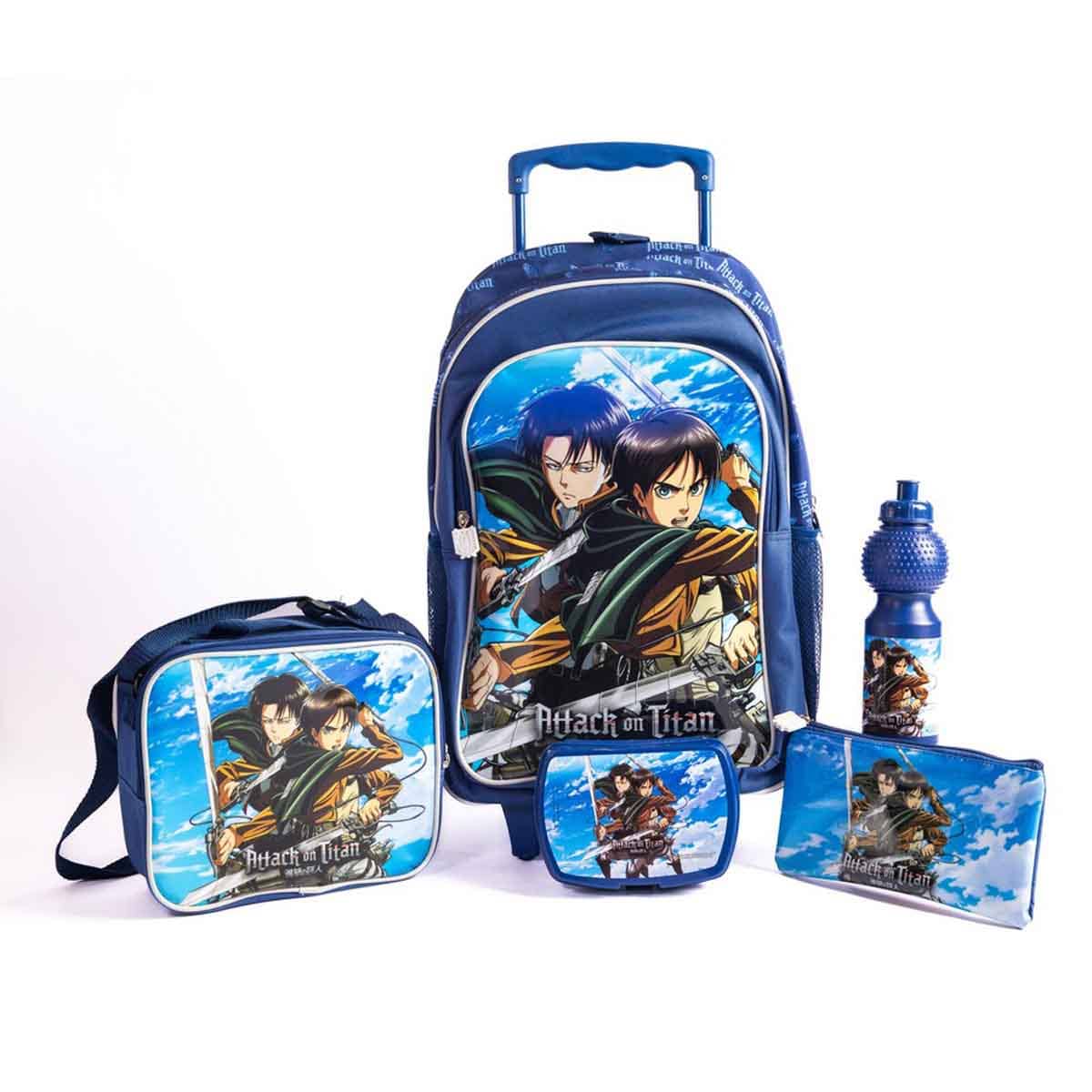 Attack On Titan 18" Trolley Bag Set with Lunch Bag, Pencil Case, Water Bottle & Lunch Box Boys, 5-7 Years