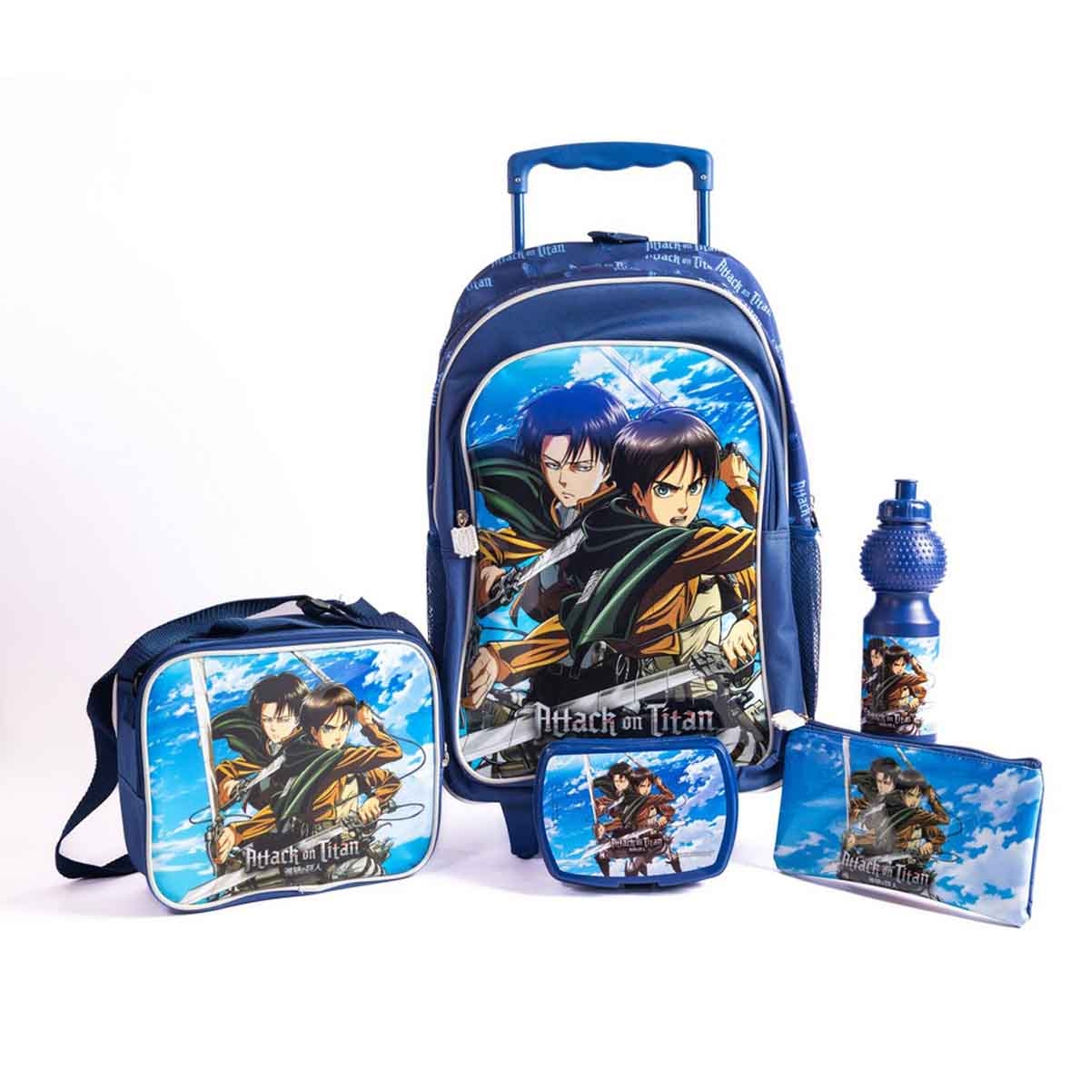 أتاك أون تايتن مجموعة حقيبة ترولي مقاس 18 انش مع حقيبة غداء ومقلمة وزجاجة مياه وصندوق طعام للأولاد من عمر 5-7 سنوات