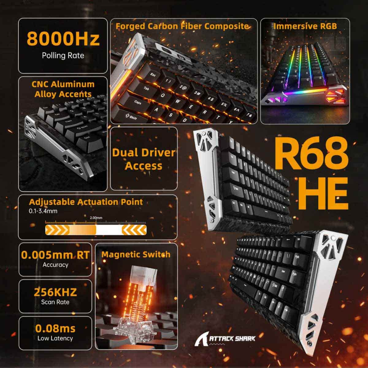 Attack Shark Black R68 HE 8K Rapid Trigger Wired Gaming Keyboard