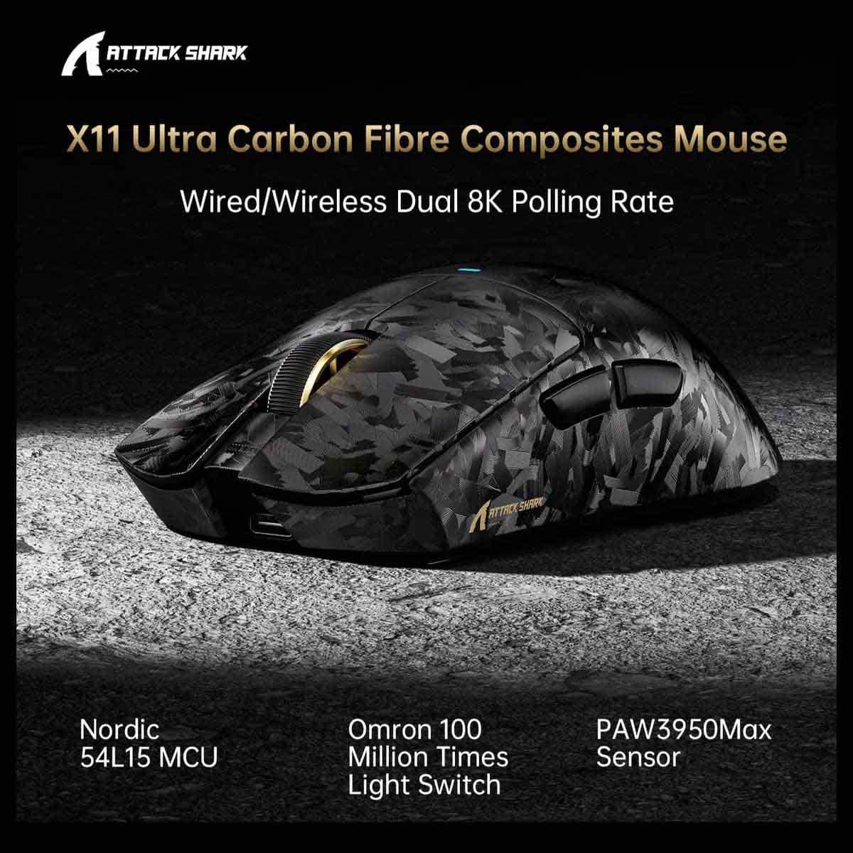 اتاك شارك اسود X11 الترا ماوس ألعاب لاسلكي ثلاثي الأوضاع من ألياف الكربون بدقة 8K