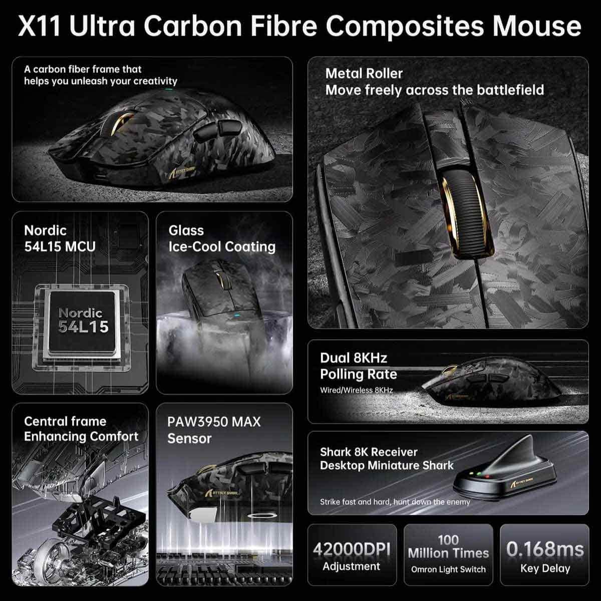 اتاك شارك اسود X11 الترا ماوس ألعاب لاسلكي ثلاثي الأوضاع من ألياف الكربون بدقة 8K