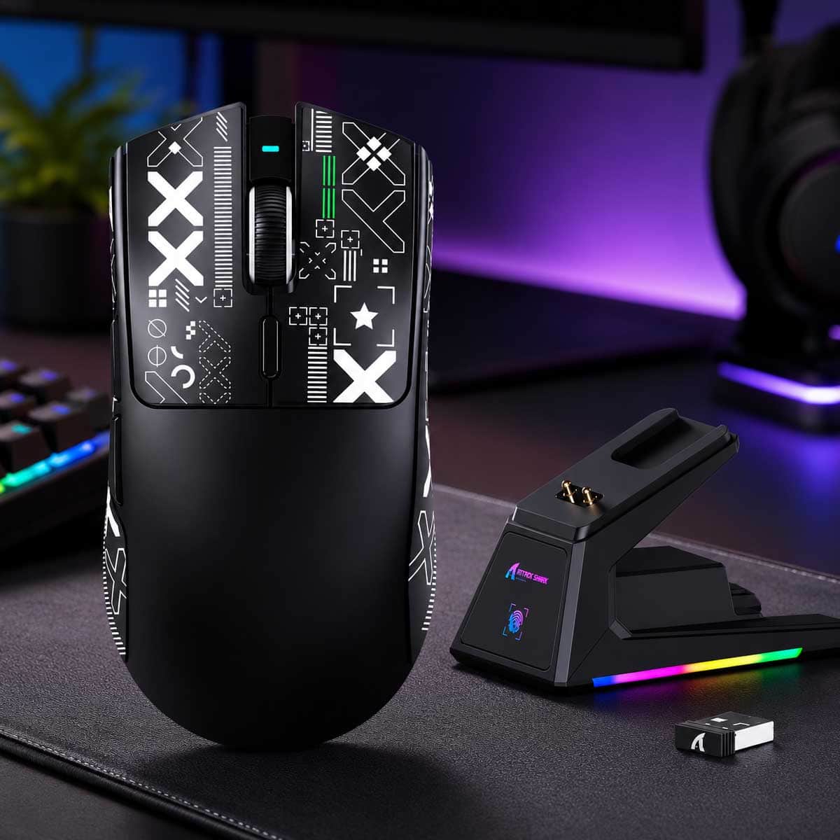 اتاك شارك X1 ماوس ألعاب لاسلكي ثلاثي الأوضاع مع قاعدة شحن RGB
