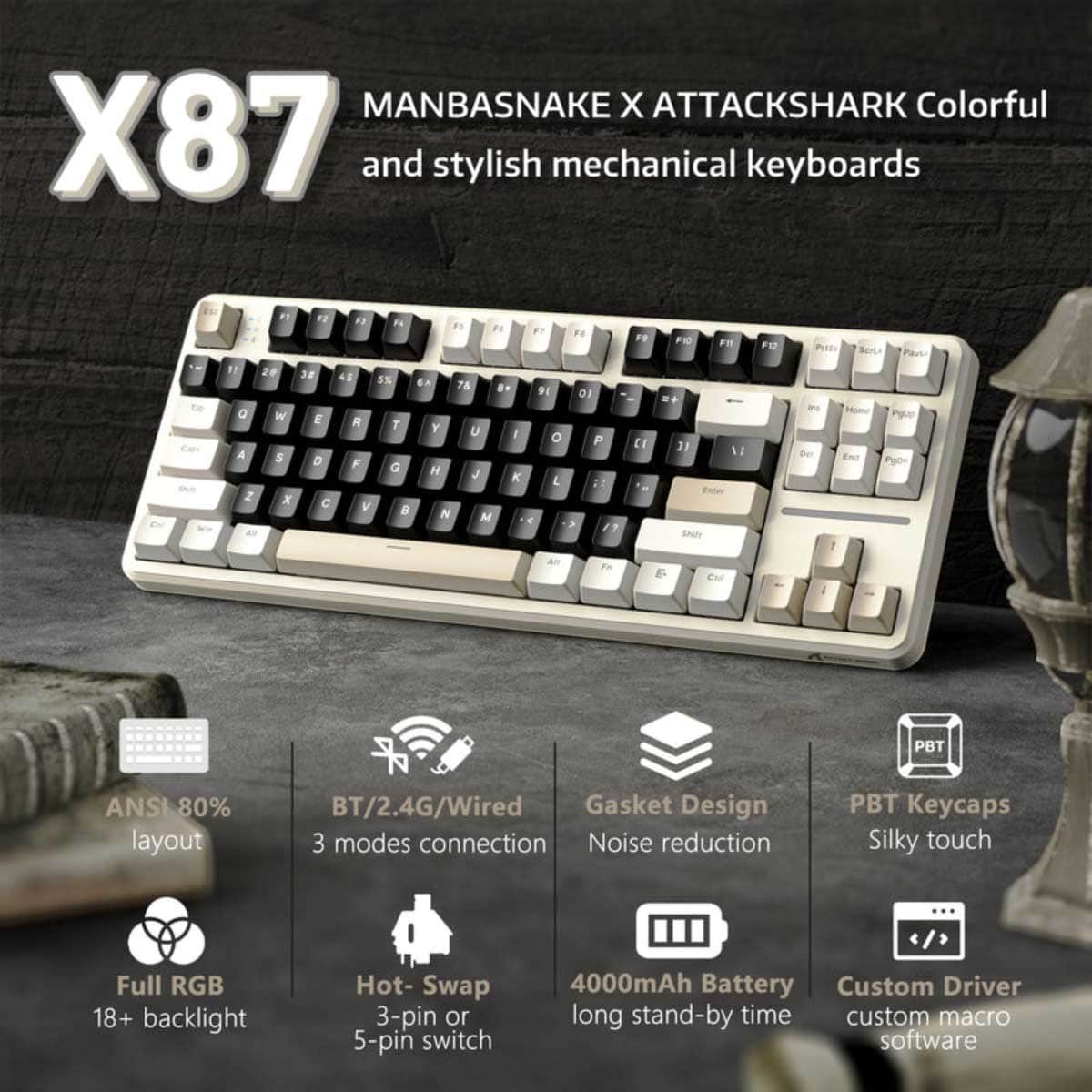 اتاك شارك X87 80% كيبورد ألعاب ميكانيكي لاسلكي ثلاثي الأوضاع