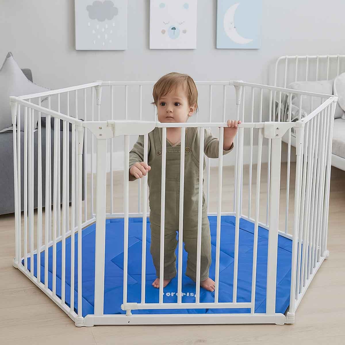 بيبي سيف قفص لعب أبيض مع سجادة