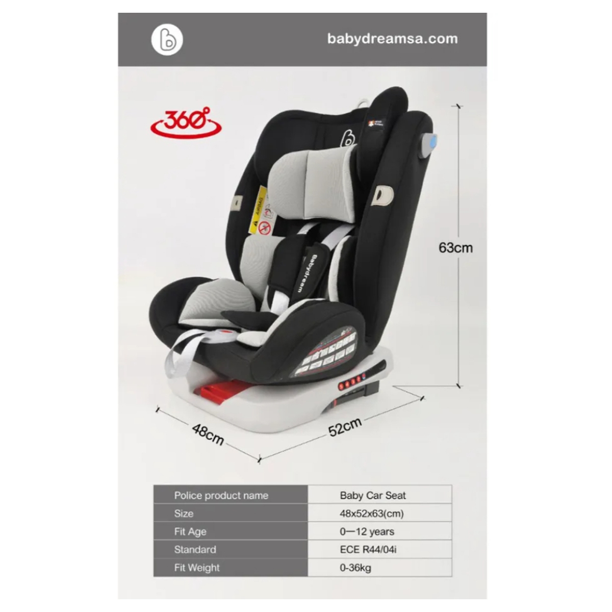 Babydream Modern 360 Grey Car Seat Toddler, 0-2 Years